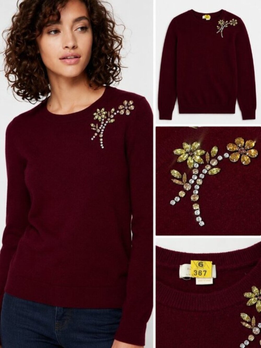 Kate Spade Burgundy Jeweled Floral Crewneck Sweater